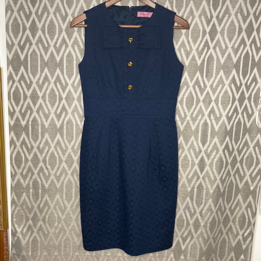 Eliza J Dress Sleeveless Navy Bow Neckline w/ Three Gold Buttons Cocktai… - Picture 4 of 4